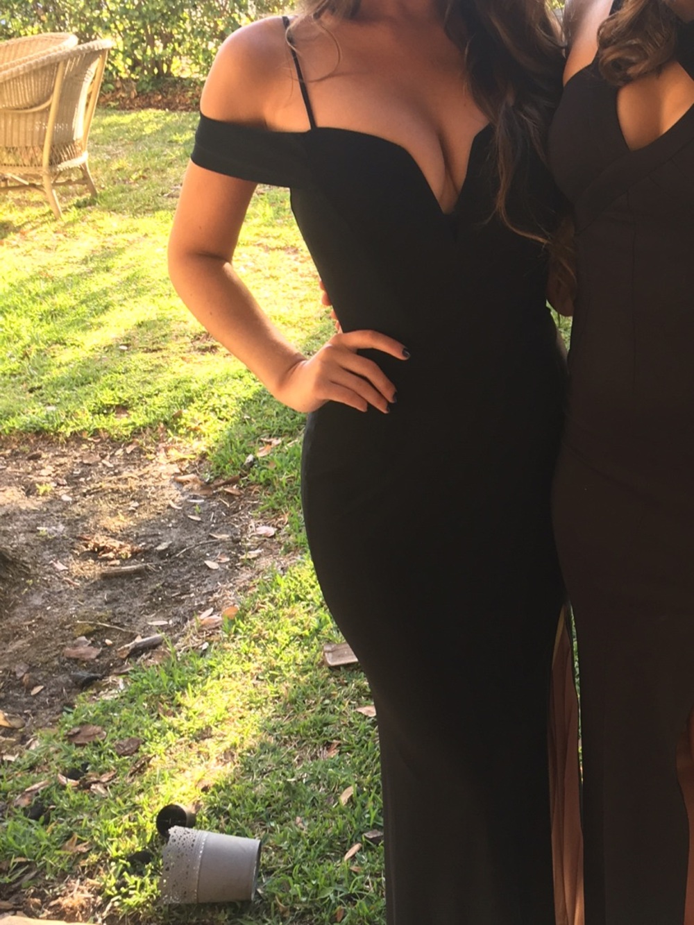 Black Off-Shoulder Plunge Evening Dress